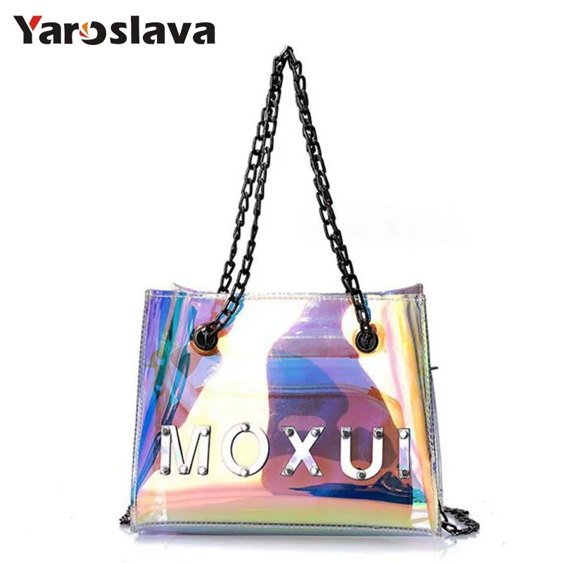 

New Women Transparent Bag Clear PVC Small Tote Messenger Bags Laser Holographic Shoulder Bag Female Lady Chain bag 2018 LL875