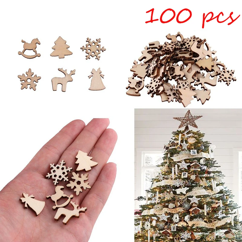 100 шт натуральные деревянные украшения для рождественской елки, подвесные украшения, подарки, дерево, снежные хлопья, настольные бутылки, Рождественский Декор