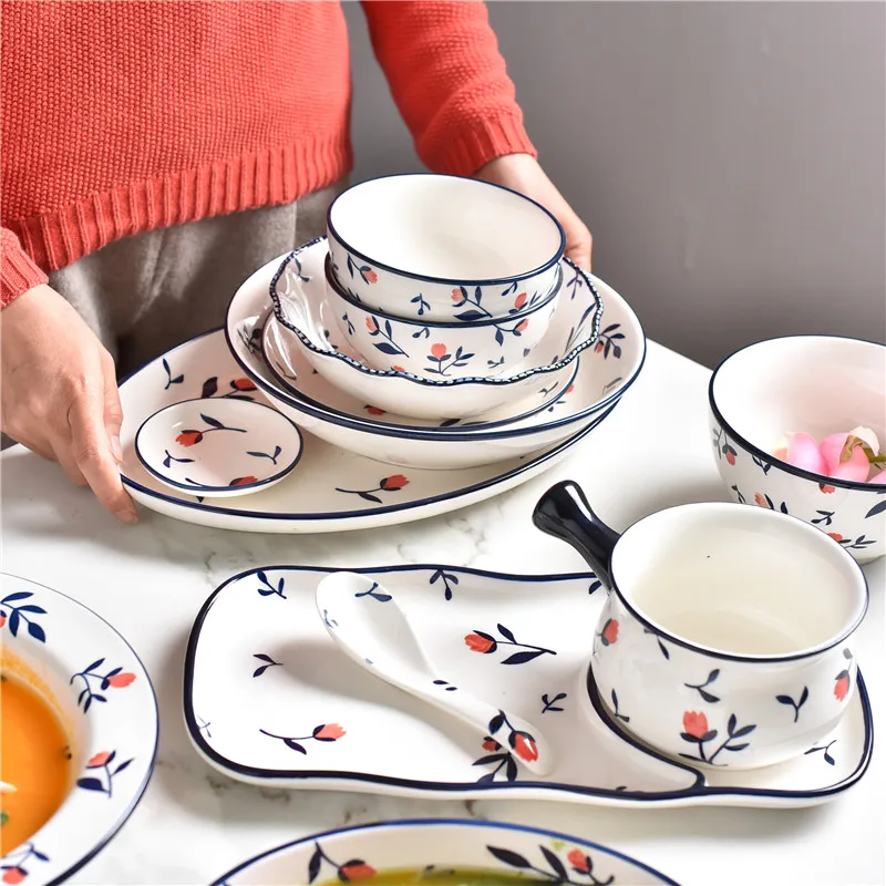 

EECAMAIL Nordic Style Underglaze Cutlery Set Red Rose Ceramic Tableware Home Soup Bowl Rice Bowl Plate Hand-painted Fish Dish