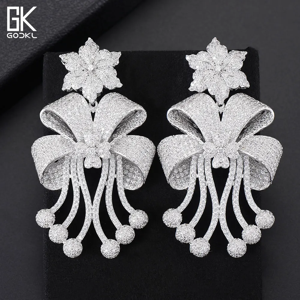 

GODKI 72mm Trendy Luxury Bowknot Flowers Nigerian Long Dangle Earrings For Women Wedding Zirconia CZ Dubai Dubai Silver Earrings