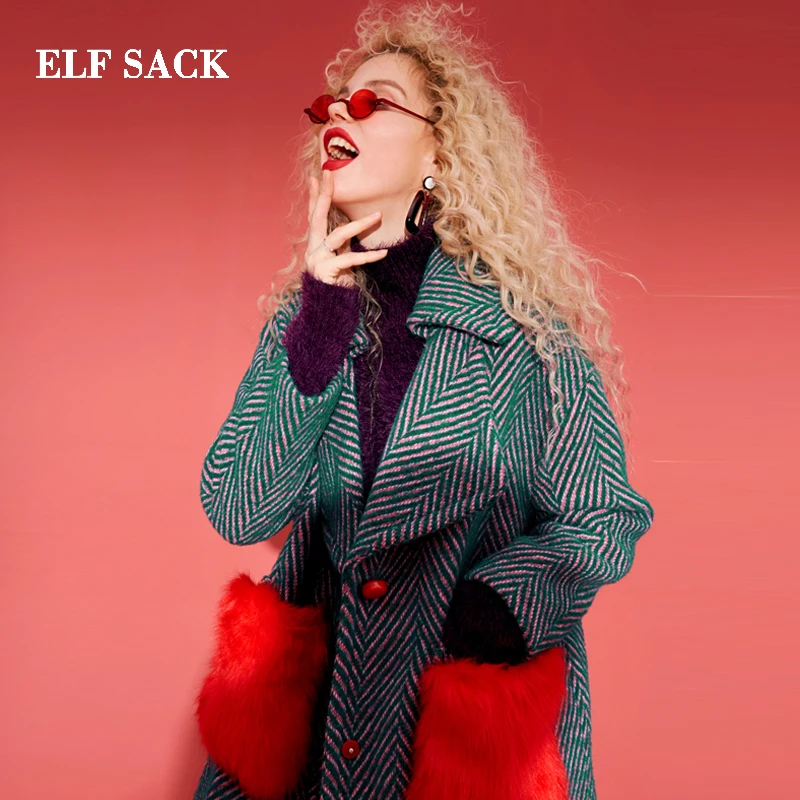 ELF SACK 35.8% Wool Coats Women Winter Red Fur Pockets Straight Womens Coats Oversize Turn Down Collar Thick Striped Wool Coats