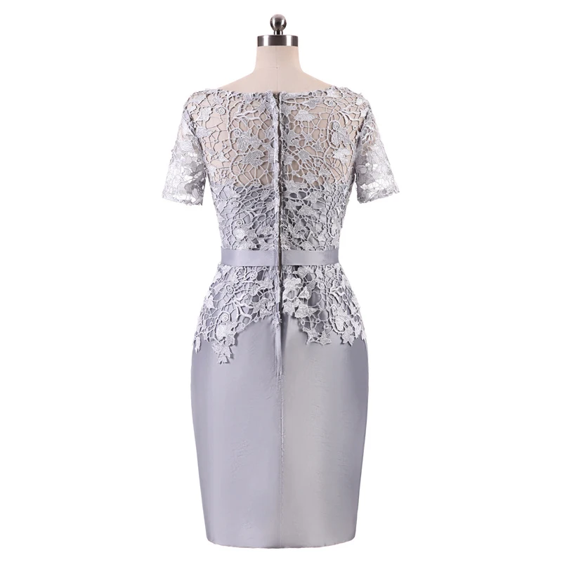 Cocktail Dresses Gray Illusion Flowers Short Sleeves Lace Zipper Straight Knee Length Formal Dress Party Gown It's YiiYa 7552