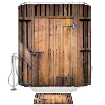 

Wood Doors To Retro-Vintage Houses Shower Curtain Doormat Sets Bathroom Accessory Sets Rings Women Shower Curtain Sets With Rugs