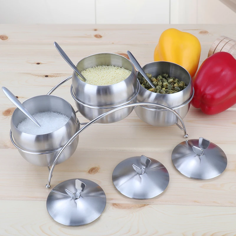 

3pcs/set Bridge Stainless Steel Seasoning Pot Spice Salt Sugar Bowl Pepper Ajinomoto Jar Container Bottle Storage Can