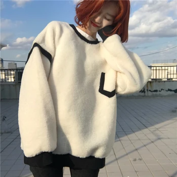 

2019 Thick warm imitation lambskin stitching long-sleeved shirt tide wild hooded coat
