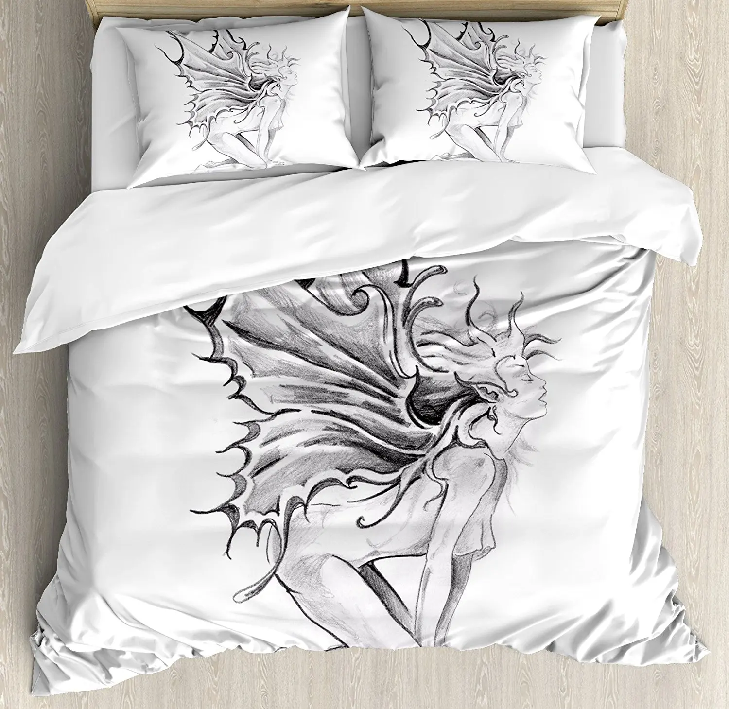 

Tattoo Duvet Cover Set Artistic Pencil Drawing Artwork Print Nude Fairy Opening its Angel Wings Print Bedding Set Black White