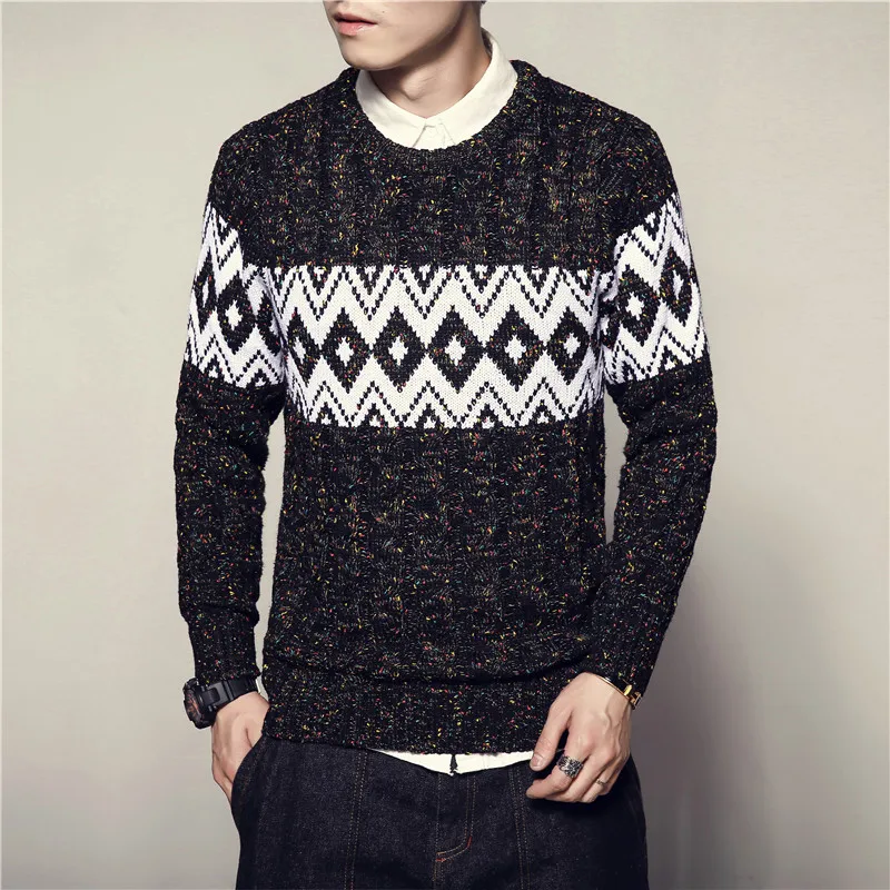 Пуловер мужской зимний толстый ретро геометрический узор Круглый вырез вязаный свитер/мужской модный бутик большой размер теплый свитер M-5XL - Цвет: Черный