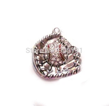 

100pcs a lot antique silver color zinc studded with sparkling Baseball or Softball Ball and Glove Crystal Pendant