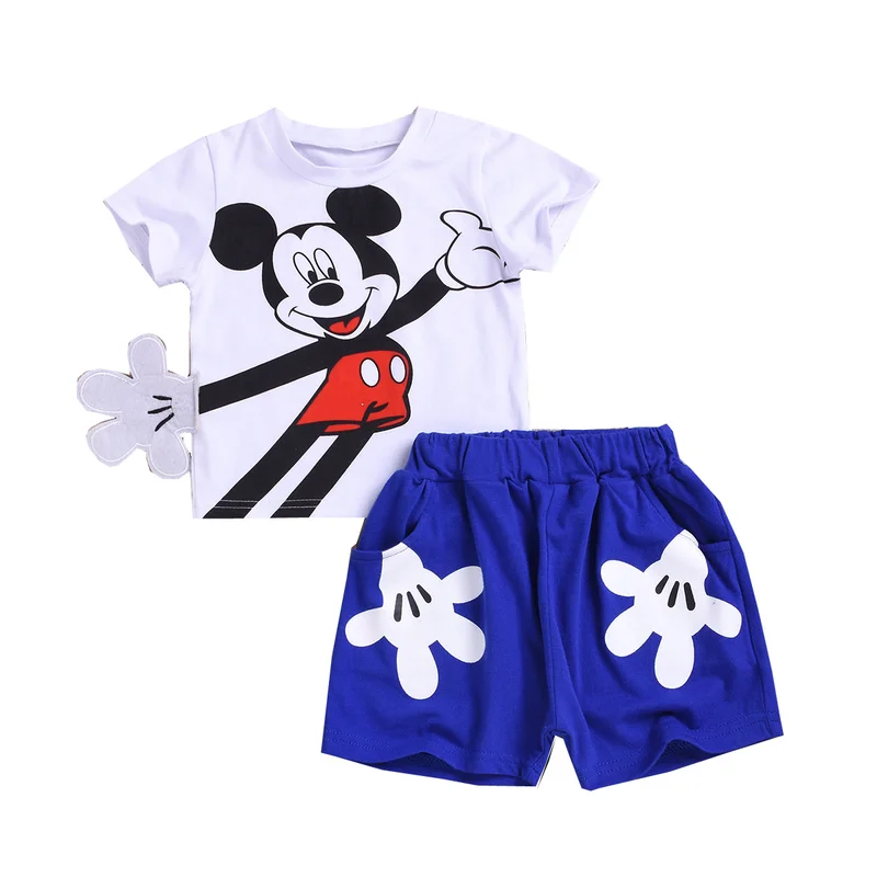 Одежда для новорожденных из 2 предметов Модная хлопковая одежда для маленьких девочек комплекты одежды для мальчиков с Микки детская одежда для детей синего и красного цвета