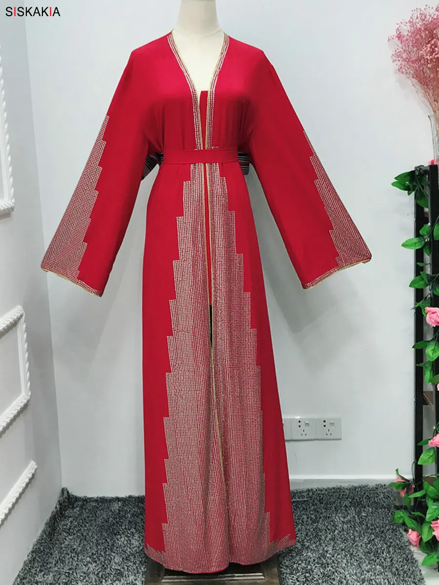 Siskakia/модный мусульманский кардиган abaya, Роскошное однотонное платье в стиле пэчворк со стразами, платье в восточном стиле, Ближний Восток