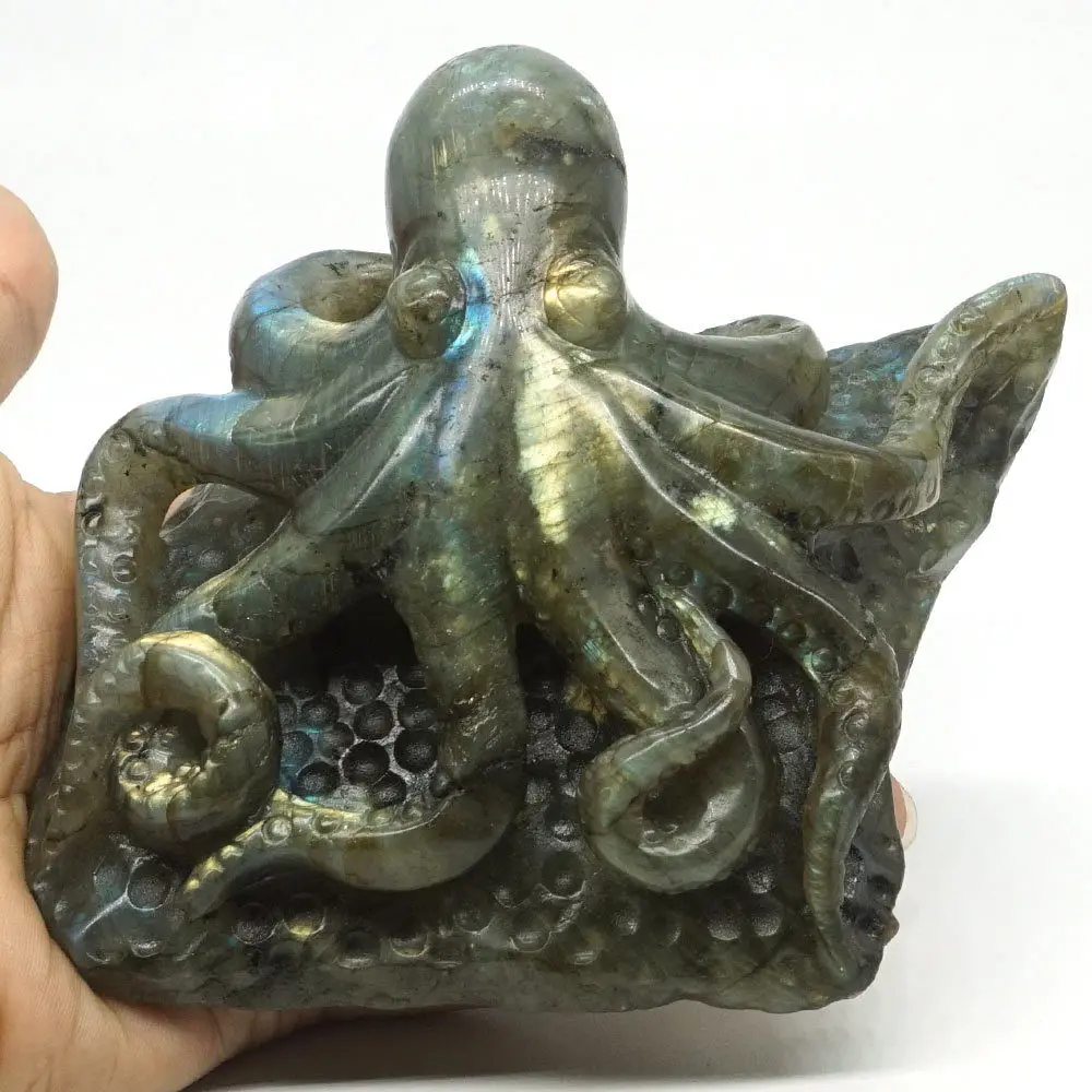 Octopus Figurine Natural Gemstone Labradorite Carved Animal Statue Home Decor | Дом и сад