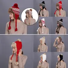 11 Styles Women Winter Thicken Lining Earflap Hat Knitted Contrast Color Snow Ski Beanie Cap Pompom Ball Long Tassels Ear Warmer