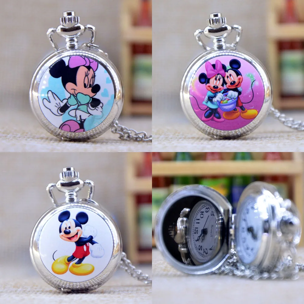 New Fashion Silver cartoon character Lovely Mouse Mirror Case Quartz Pocket Watch Analog Pendant