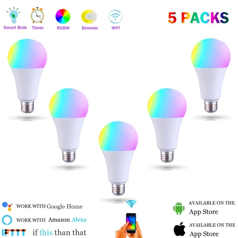 

Smart WiFi Light Bulb 16M Color Changing work with Google Home Alexa Voice App Remote Control Dimmable E27 RGBW (5pack)