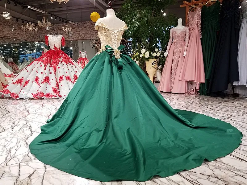 Vestido noiva свадебное платье невесты Винтаж Охотник зеленый атлас золотые кружевные аппликации Формальные платья Часовня Поезд с бантом сзади