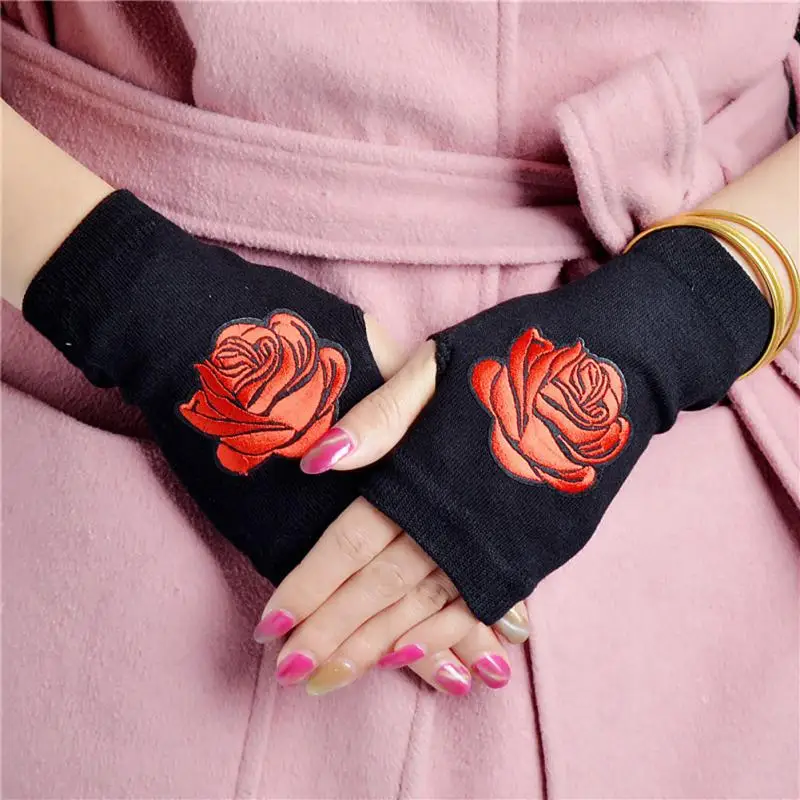

1Pair Unisex Wear-resistant Knitted Gloves Women Anti-skid Flower Rhinestone Rivets Fingerless Warm Winter Gloves #1016