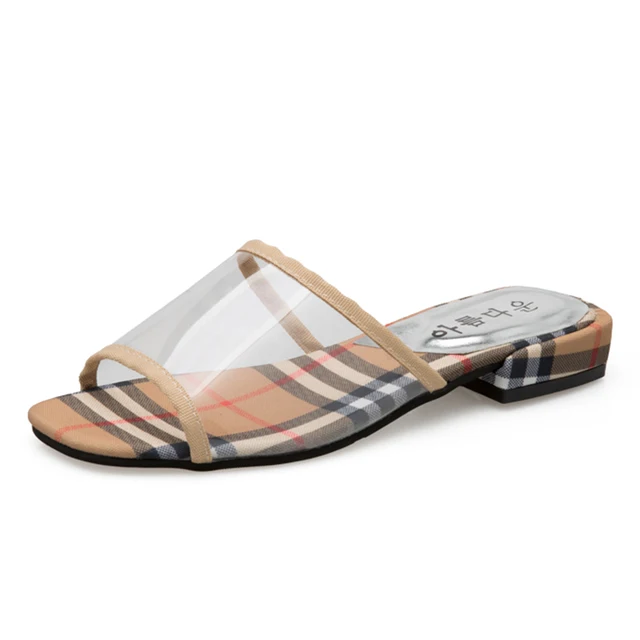 Moxxy Summer Sexy Transparent Women PVC Designer Shoes Clear Crystal Low Heels Slipper Open Toe Mule Comfortable Gingham Sandal