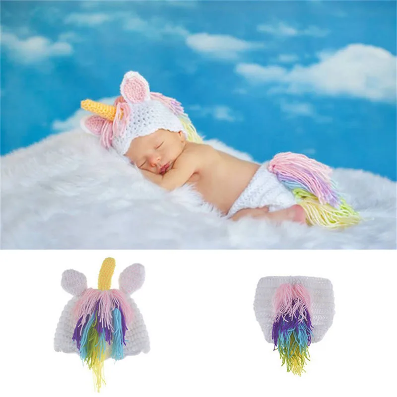 Nouveau Crochet licorne nouveau-né Photo accessoires tricoté bébé chapeau et couche-culotte ensemble infantile filles dessin animé Costume pour Photo Shoot Fotografia