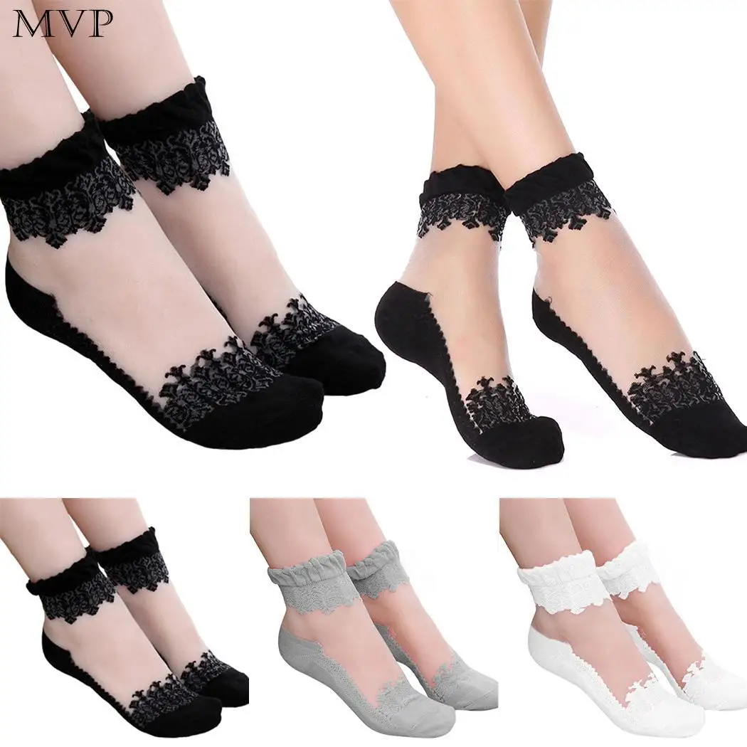 

Women Soft Comfy Mesh Cotton Elastic Patchwork Pair Casual Knit Frill Trim Transparent Socks 8cm/3.1inch