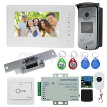 7 ”ató con alambre el teléfono de la puerta sistema de intercomunicación kit set con RFID IR al aire libre cámara de vídeo timbre de la puerta + bloqueo de EM + power + interruptor de la puerta baratos