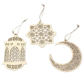 

3PCS/set Islam Eid Ramadan Mubarak Hollow Decorations Wooden Golden Hanging Lantern Baubles Festive DIY Decorations 2019