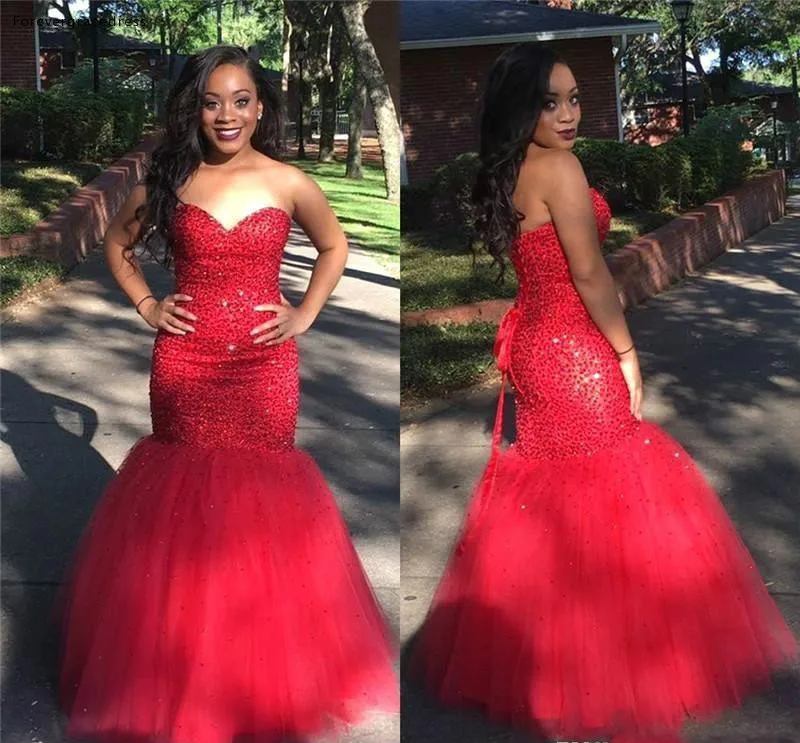 

African Black Girls Prom Dresses 2019 Sexy Red Mermaid Sweetheart Pageant Holidays Graduation Wear Formal Evening Party Gowns