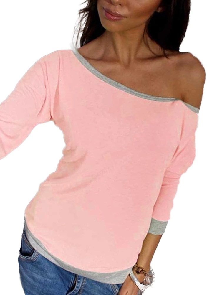Sexy Women T shirt One Shoulder Off Shoulder Contrast Color Loose T