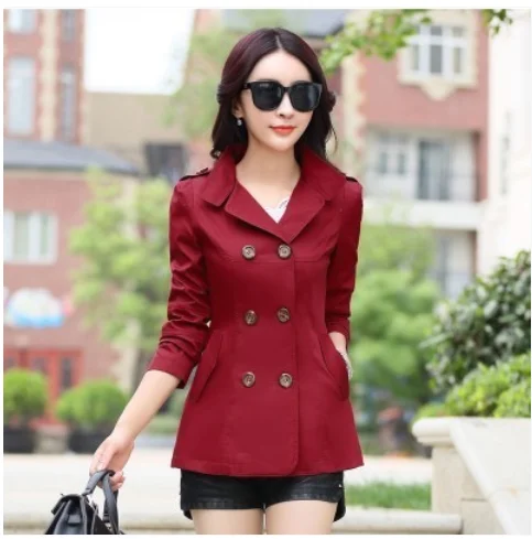Весна осень короткий Тренч пункт модная ветровка пальто с длинным рукавом Тонкий Большой размер женское пальто Q1471 - Цвет: wine red