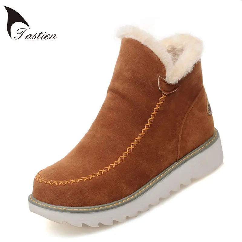 

TASTIEN Large Size 34-43 Fashion Women Boots Round Toe Ankle Snow Boots Slip-On Warm Women Shoes Black Beige Brown 2017 Boots