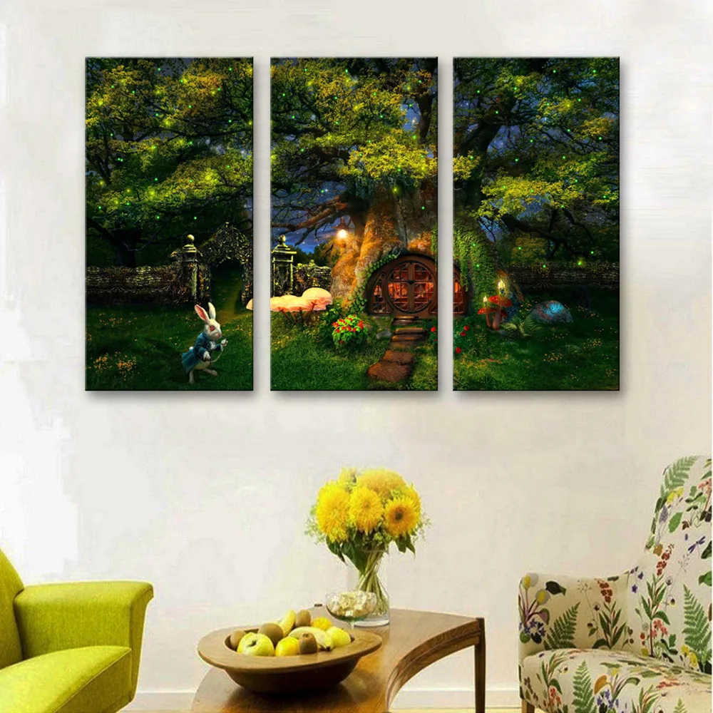 

Free Shipping Stretched Canvas Prints Tree House in The Forest LED Flashing Optical Fiber Print LED Wall Art LED Decorations