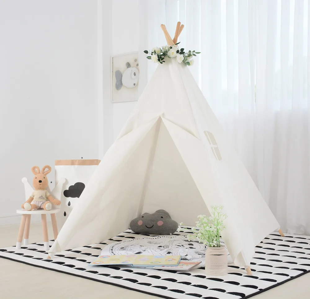 Children's Indian Teepee White Playhouse Tipi Cotton Canvas Kids Tent