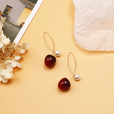 AOMU Japan Cute Sweet Simulation Gradient Red Cherry Gold Color Fruit Pearl Stud Earrings for Women Girl Lovely Party Birthday - Окраска металла: Q Small