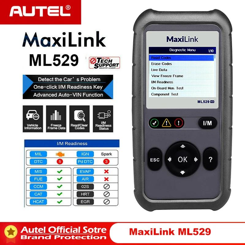 

AUTEL MaxiLink ML529 Scanner Auto OBDII Mode 6 OBD2 Car Diagnostic Tool eobd Built-in DTC Lookup Speaker Clear Code Reader AL519