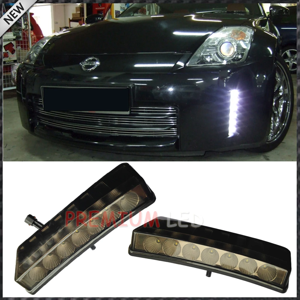 

car styling Smoked Lens Direct Fit Xenon White Front Bumper Reflector LED Daytime Running Lights For 2003-2005 Nissan 350Z