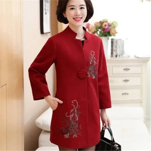 Зимняя женская куртка весна осень винтажное цветочное шерстяное пальто с вышивкой женское Шерстяное Пальто среднего возраста размера плюс 5XL - Цвет: 8008Dark red