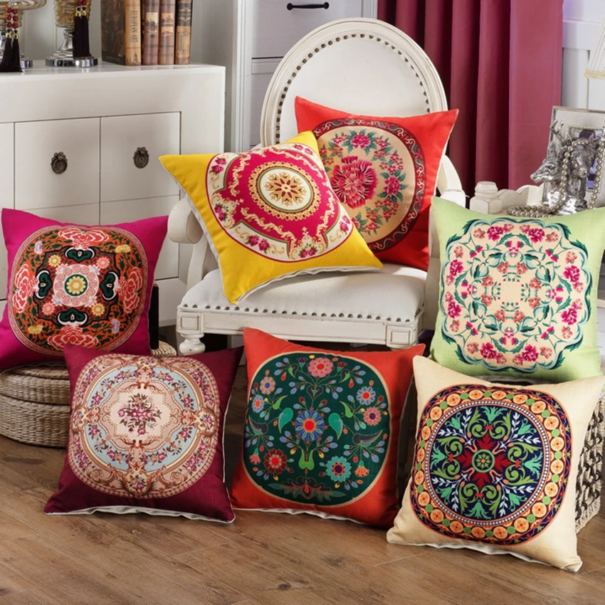 Chinese Cushion Case National Style Big Red Florals Geometric Vintage