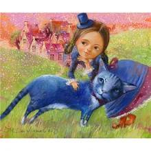 YIKEE декоративная картина маслом на холсте по номерам, краска по номерам для взрослых маленькая девочка и синяя кошка
