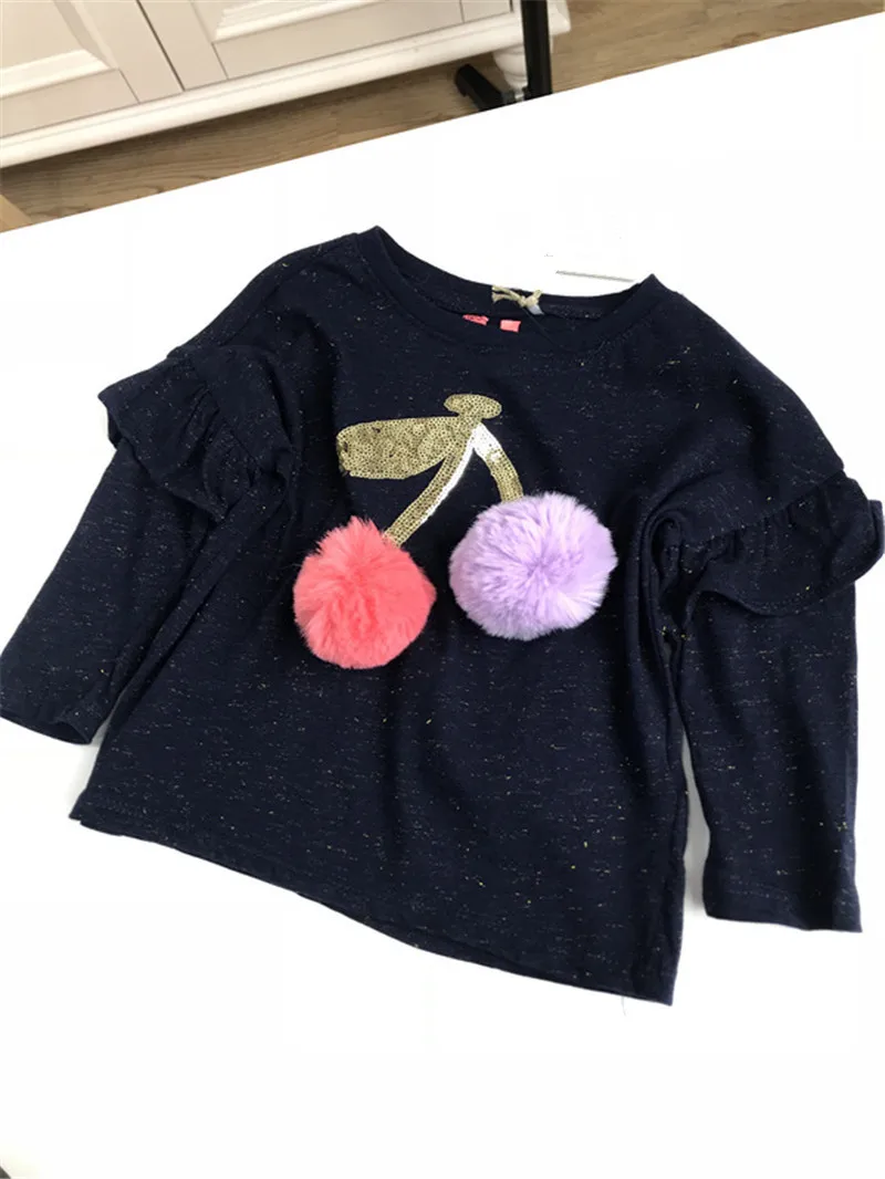 

2019 Spring New Children's Round Neck Pullover T Shirt Sequins Cherry Pompoms for Baby Girls Tee Cute Fur Ball Blouse Clothes