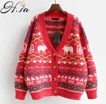 

HSA Women Oversized Sweater Cardigans Vneck Retro Vintage Loose Jumpers Winter Loose Sweaters With Deer Christmas Streetwear
