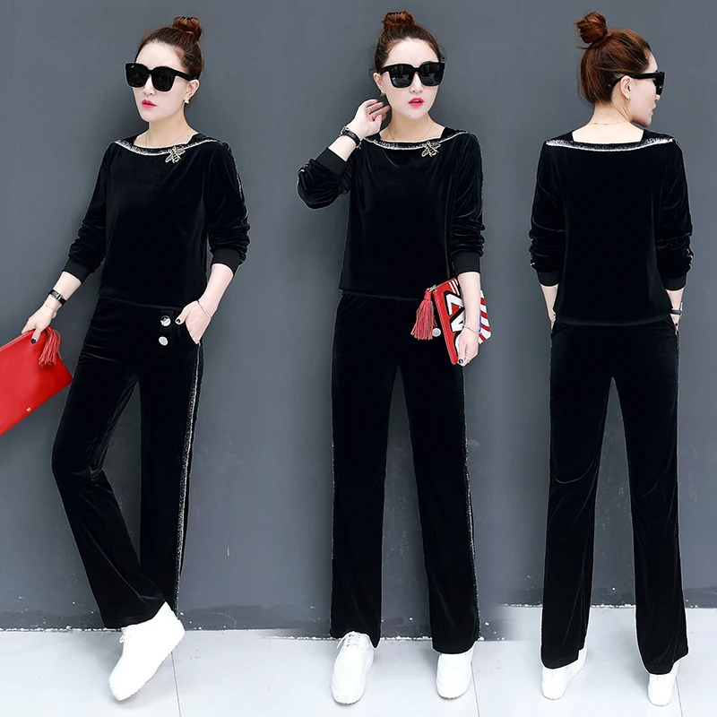 woman suit 2018 autumn and winter new casual gold velvet long-sleeved clothes + fashion slim trousers wild temperament two-piece Women's Sets