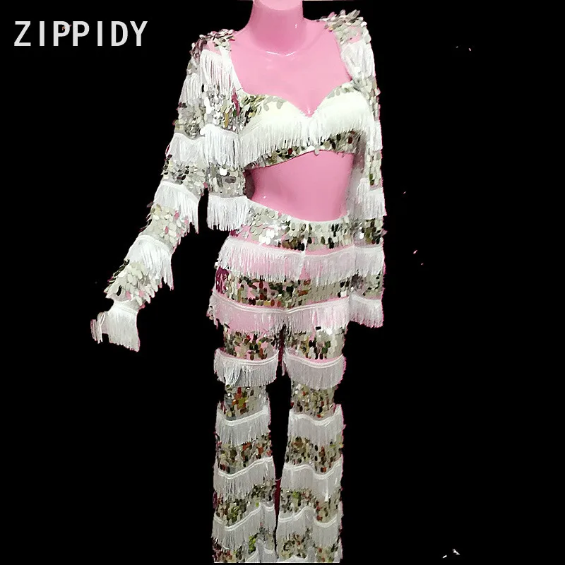

White Tassel Bright Sequins Mesh Bra Jacket Pants Female Singer Dancer Wear 3-Piece Clothes Set Nightclub Prom Party Wear Set