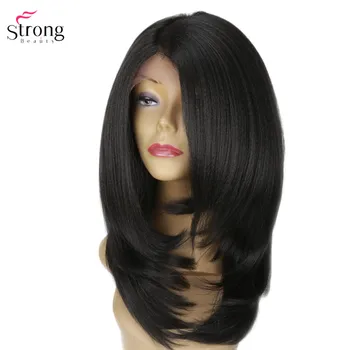 

StrongBeauty Lace Front Wigs for women Yaki Straight Layered Hair Black Synthetic lace Wig Long