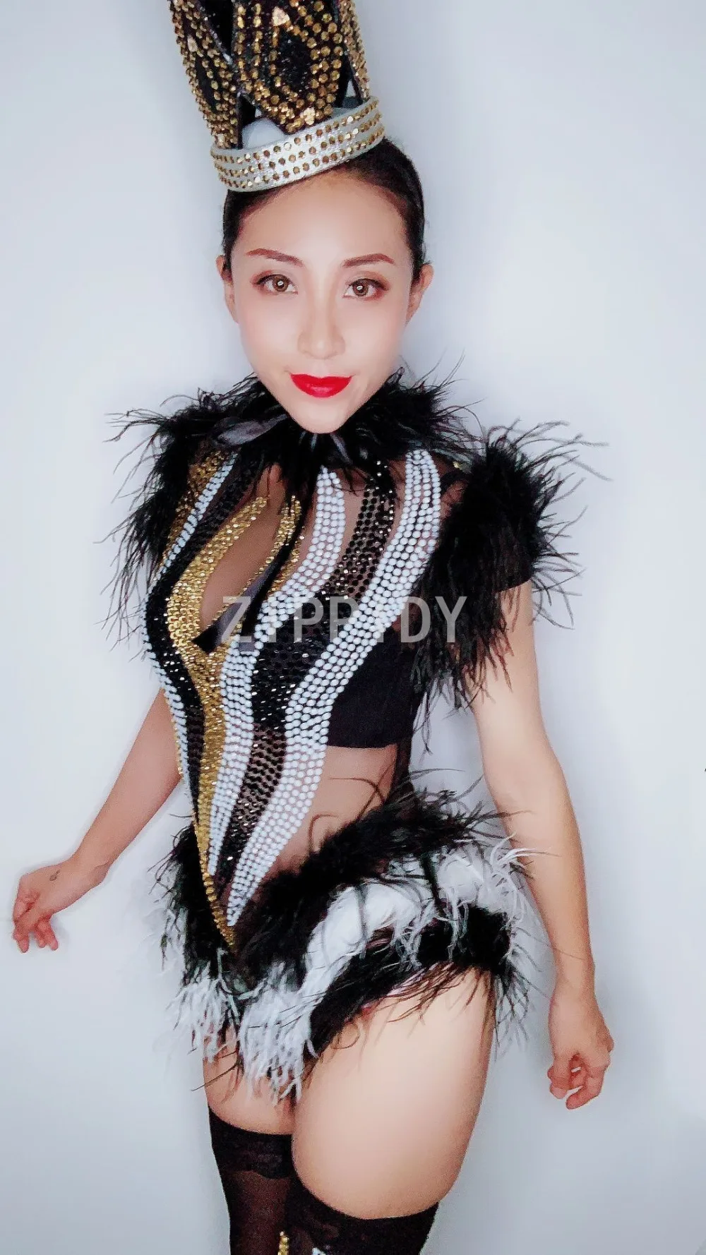 Glisten Rhinestones Mesh Bodysuit Leggings Black White Feather Outfit Nightclub Women Performance Outfit Birthday Party Wear white body suit