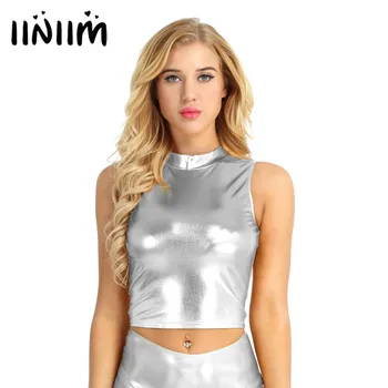

iiniim Womens Fashion Wetlook Faux Leather Mock Neck Turtleneck Crop Tank Tops for Costumes Evening Night Party Clubwear