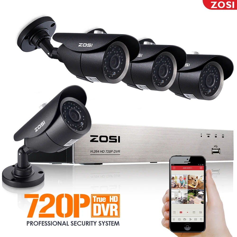 ZOSI 4CH CCTV System 720P HDMI AHD 4CH CCTV DVR 4PCS 1.0 MP IR Outdoor Security Camera 1200 TVL Camera Surveillance System