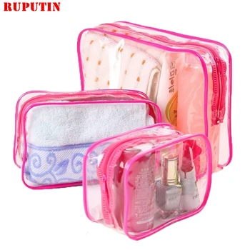 

RUPUTIN 3pcs/set Transparent Waterproof Women Makeup Cosmetic Bag PVC Travel Organizer Bag Zipper Make Up Bag Bathroom Wash Bags