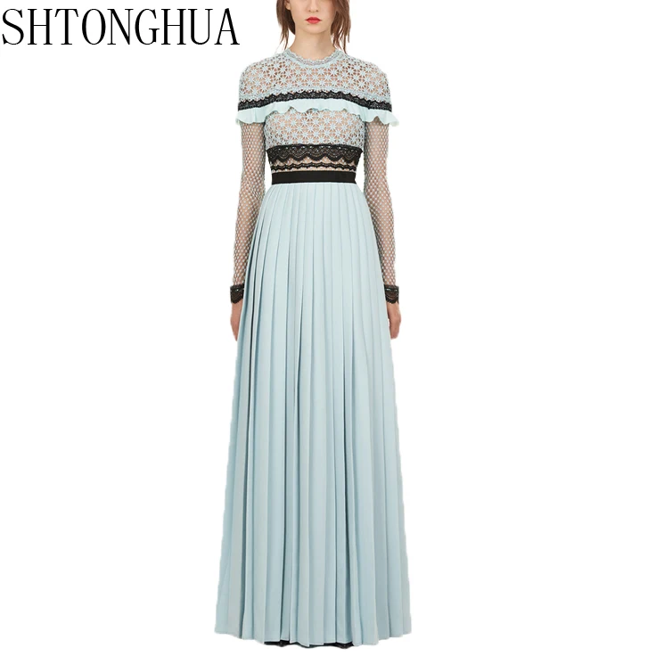 

SHTONGHUA Self-Portrait Spring Pleated Long Dress 2019 Runway Women Chiffon Patchwork Lace Hollow Out Crochet Split Party Dress