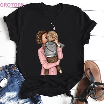 

Women Tshirt Super Mama and Baby Boy Love Life Vogue Print T Shirt Harajuku Kawaii Streetwear Black T-shirt Tops Tee Shirt Femme