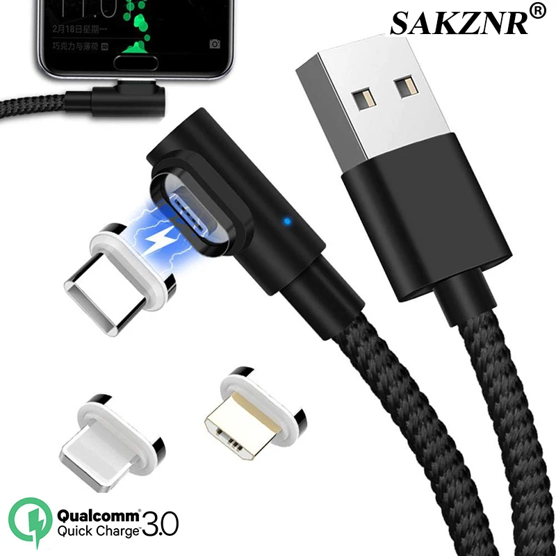 

90 Degree 3A Magnetic Charging Micro USB Cable Fast Charging USB Type c Cable For Iphone 7 8 6 6s Plus X XR XS Max Charger Cable