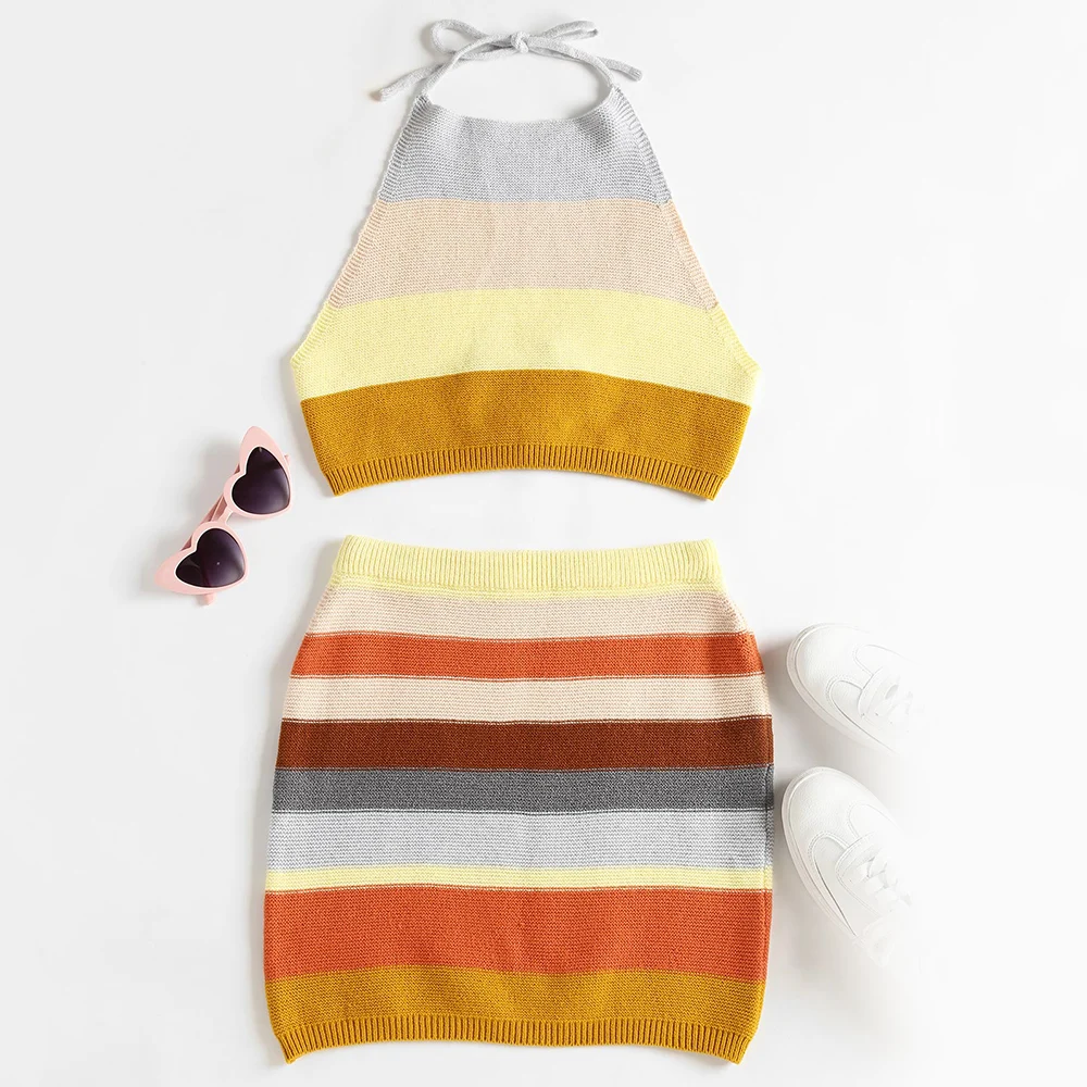 ZAFUL женские комплекты Полосатый трикотажный топ и юбка без рукавов с коротким